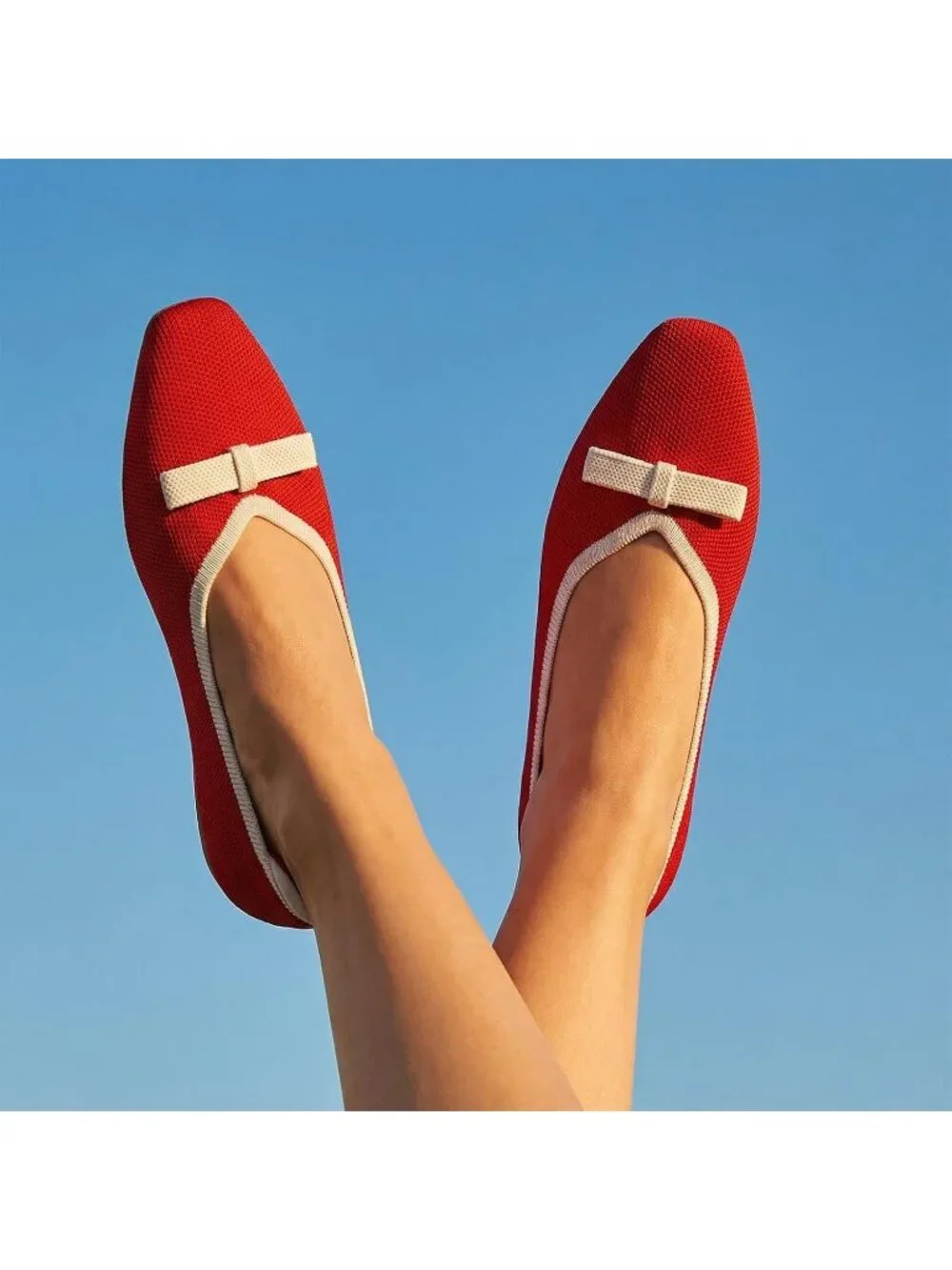 Frank Mully Women's Red White Rubber Knit Squared Toe Bow Slip On Ballet Flats
